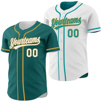 Custom Teal White-Old Gold Reversible Button-Down Baseball Jersey
