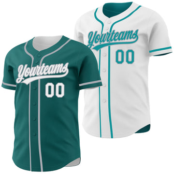 Custom Teal White-Gray Reversible Button-Down Baseball Jersey
