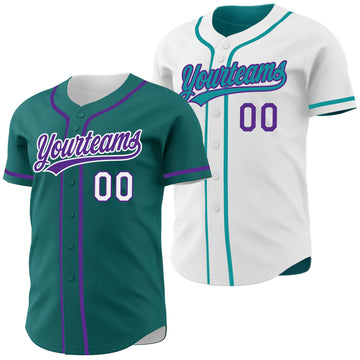 Custom Teal Purple-White Reversible Button-Down Baseball Jersey