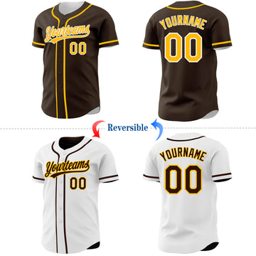 Custom Brown Gold-White Reversible Button-Down Baseball Jersey