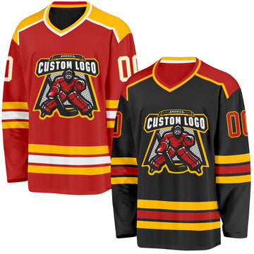 Custom Black Red-Gold Reversible Double Side Hockey Jersey