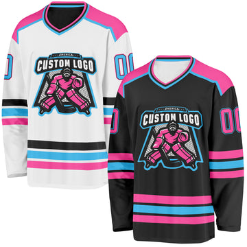 Custom Black Pink-Sky Blue Reversible Double Side Hockey Jersey