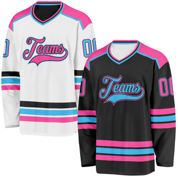 Custom Black Pink-Sky Blue Reversible Double Side Hockey Jersey