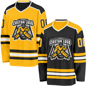 Custom Black Gold-White Reversible Double Side Hockey Jersey
