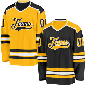 Custom Black Gold-White Reversible Double Side Hockey Jersey