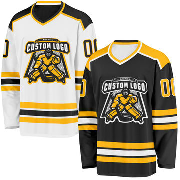 Custom Black Gold-White Reversible Double Side Hockey Jersey