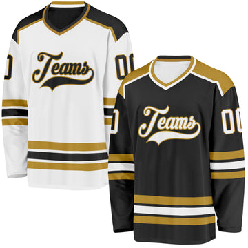 Custom Black White-Old Gold Reversible Double Side Hockey Jersey