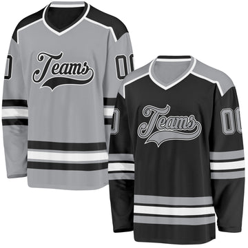 Custom Black Gray-White Reversible Double Side Hockey Jersey