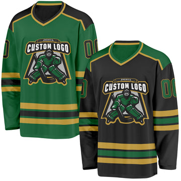 Custom Black Kelly Green-Old Gold Reversible Double Side Hockey Jersey
