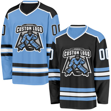 Custom Black White-Light Blue Reversible Double Side Hockey Jersey