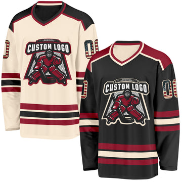 Custom Black Vintage USA Flag Cream-Maroon Reversible Double Side Hockey Jersey