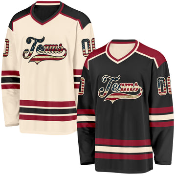 Custom Black Vintage USA Flag Cream-Maroon Reversible Double Side Hockey Jersey