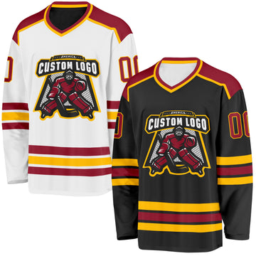 Custom Black Maroon-Gold Reversible Double Side Hockey Jersey