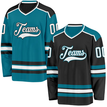 Custom Black White-Teal Reversible Double Side Hockey Jersey