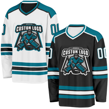 Custom Black White-Teal Reversible Double Side Hockey Jersey