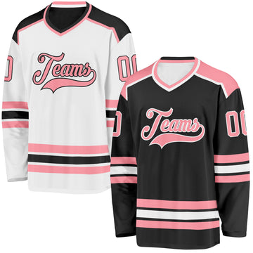 Custom Black Medium Pink-White Reversible Double Side Hockey Jersey