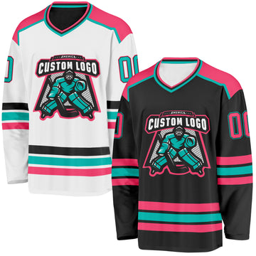 Custom Black Neon Pink-Aqua Reversible Double Side Hockey Jersey
