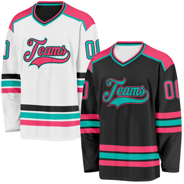 Custom Black Neon Pink-Aqua Reversible Double Side Hockey Jersey