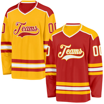 Custom Red White-Gold Reversible Double Side Hockey Jersey