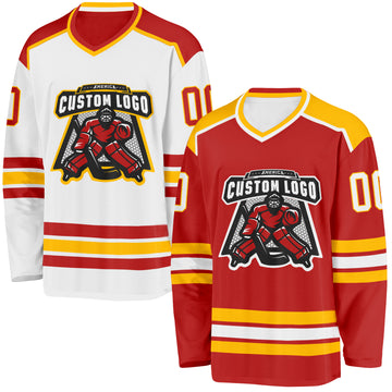 Custom Red White-Gold Reversible Double Side Hockey Jersey