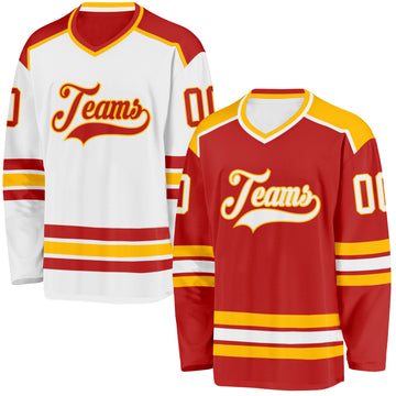 Custom Red White-Gold Reversible Double Side Hockey Jersey