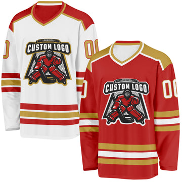 Custom Red White-Old Gold Reversible Double Side Hockey Jersey