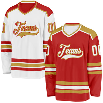 Custom Red White-Old Gold Reversible Double Side Hockey Jersey