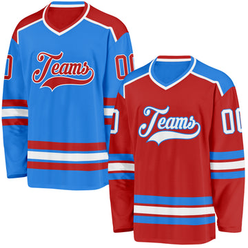 Custom Red White-Powder Blue Reversible Double Side Hockey Jersey