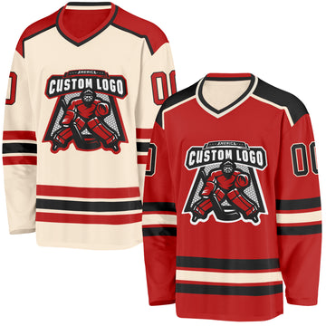 Custom Red Black-Cream Reversible Double Side Hockey Jersey
