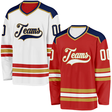 Custom Red White Old Gold-Navy Reversible Double Side Hockey Jersey