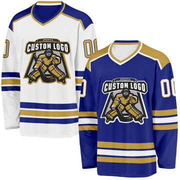Custom Royal White-Old Gold Reversible Double Side Hockey Jersey