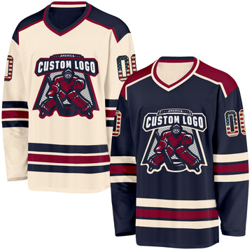 Custom Navy Vintage USA Flag Cream-Maroon Reversible Double Side Hockey Jersey