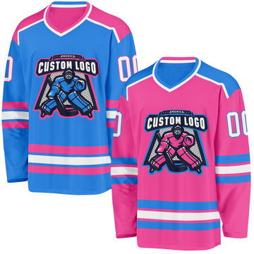 Custom Pink White-Powder Blue Reversible Double Side Hockey Jersey