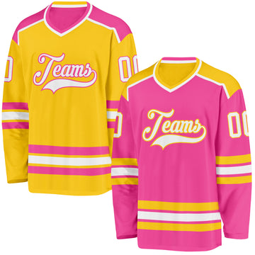 Custom Pink White-Yellow Reversible Double Side Hockey Jersey