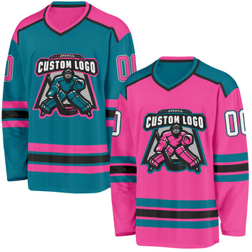 Custom Pink White Black-Teal Reversible Double Side Hockey Jersey