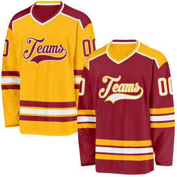 Custom Maroon White-Gold Reversible Double Side Hockey Jersey
