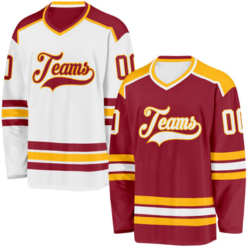 Custom Maroon White-Gold Reversible Double Side Hockey Jersey