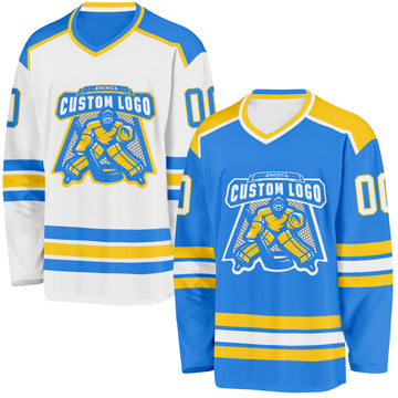 Custom Powder Blue White-Yellow Reversible Double Side Hockey Jersey