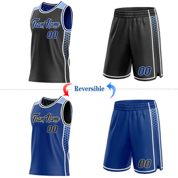 Custom Black Royal White-Light Blue Side Panel Stripe Geometric Triangle Gradient Dot Reversible Double Side Sublimation Basketball Set Jersey