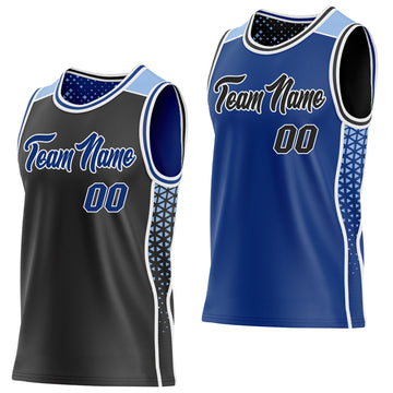 Custom Black Royal White-Light Blue Side Panel Stripe Geometric Triangle Gradient Dot Reversible Double Side Sublimation Basketball Set Jersey