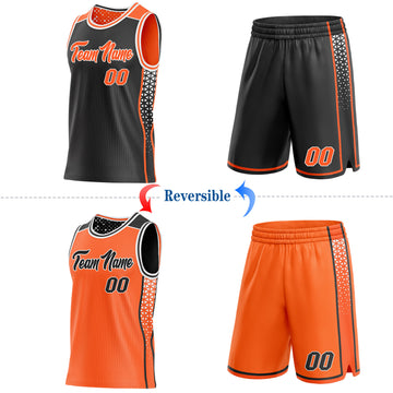 Custom Black Orange-White Side Panel Stripe Geometric Triangle Gradient Dot Reversible Double Side Sublimation Basketball Set Jersey