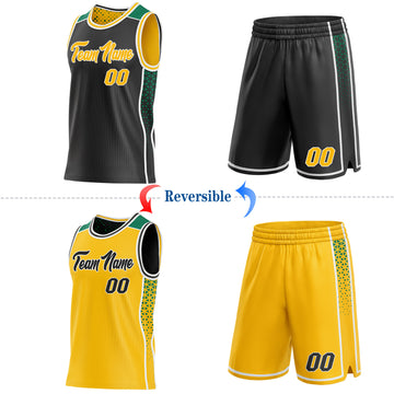 Custom Black Gold White-Kelly Green Side Panel Stripe Geometric Triangle Gradient Dot Reversible Double Side Sublimation Basketball Set Jersey