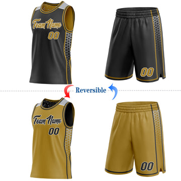 Custom Black Old Gold White-Gray Side Panel Stripe Geometric Triangle Gradient Dot Reversible Double Side Sublimation Basketball Set Jersey