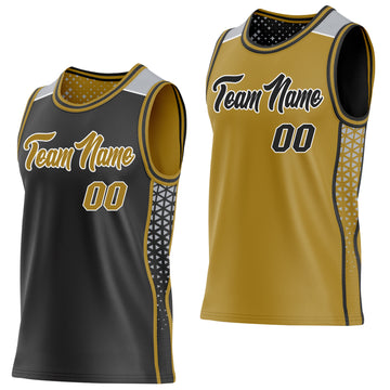 Custom Black Old Gold White-Gray Side Panel Stripe Geometric Triangle Gradient Dot Reversible Double Side Sublimation Basketball Set Jersey