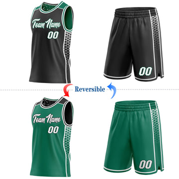 Custom Black White-Kelly Green Side Panel Stripe Geometric Triangle Gradient Dot Reversible Double Side Sublimation Basketball Set Jersey