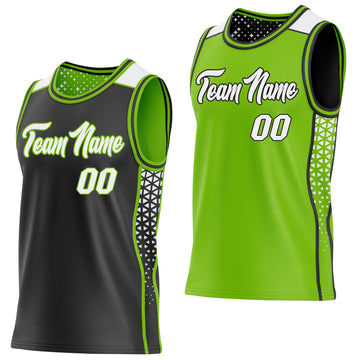 Custom Black White-Neon Green Side Panel Stripe Geometric Triangle Gradient Dot Reversible Double Side Sublimation Basketball Set Jersey