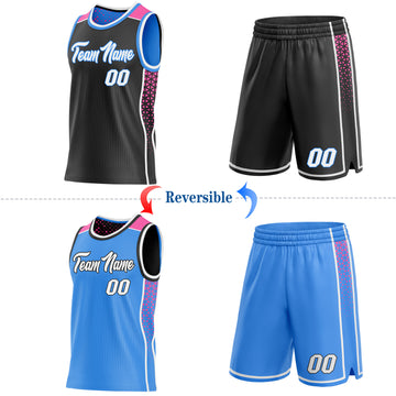 Custom Black White Powder Blue-Pink Side Panel Stripe Geometric Triangle Gradient Dot Reversible Double Side Sublimation Basketball Set Jersey