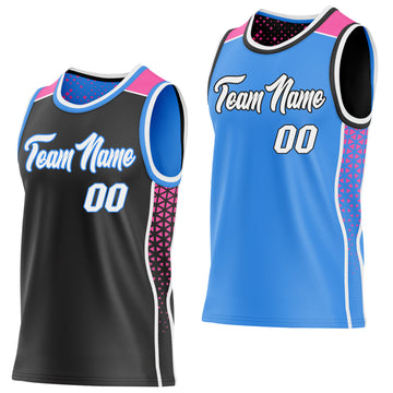 Custom Black White Powder Blue-Pink Side Panel Stripe Geometric Triangle Gradient Dot Reversible Double Side Sublimation Basketball Set Jersey