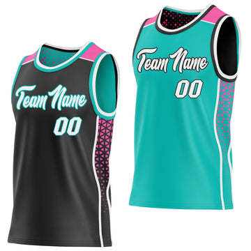 Custom Black White Aqua-Pink Side Panel Stripe Geometric Triangle Gradient Dot Reversible Double Side Sublimation Basketball Set Jersey