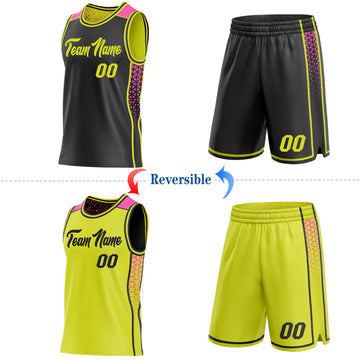 Custom Black Neon Yellow-Pink Side Panel Stripe Geometric Triangle Gradient Dot Reversible Double Side Sublimation Basketball Set Jersey